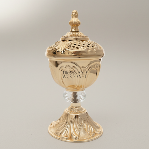 Rococo Brass Incense Burner with Crystal Stem Pierced Lid Acanthus Carvings Gold Front | Brass & Wood