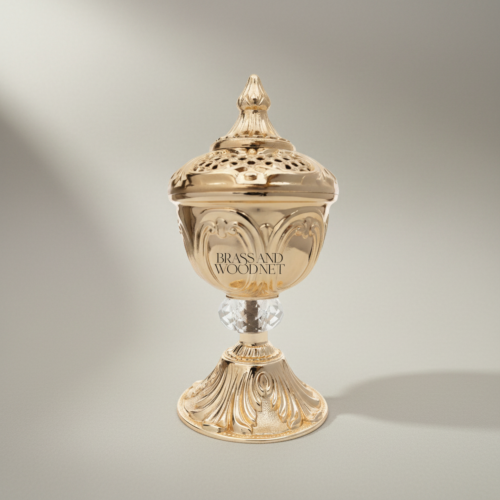 Rococo Brass Incense Burner with Crystal Stem Pierced Lid Acanthus Carvings Gold Front | Brass & Wood