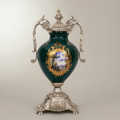 Rococo Brass-Mounted Green Ceramic Lidded Urn Vase with Hand-Painted Landscape Medallion and Ornate Gilt Base Silver Front | Brass & Wood