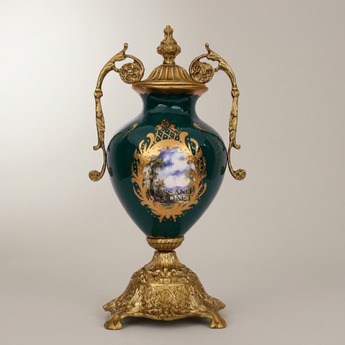 Rococo Brass-Mounted Green Ceramic Lidded Urn Vase with Hand-Painted Landscape Medallion and Ornate Gilt Base Antique Gold Front | Brass & Wood
