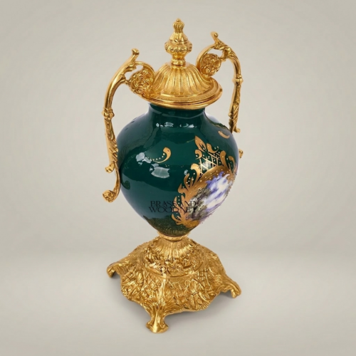 Rococo Brass-Mounted Green Ceramic Lidded Urn Vase with Hand-Painted Landscape Medallion and Ornate Gilt Base Gold Front | Brass & Wood