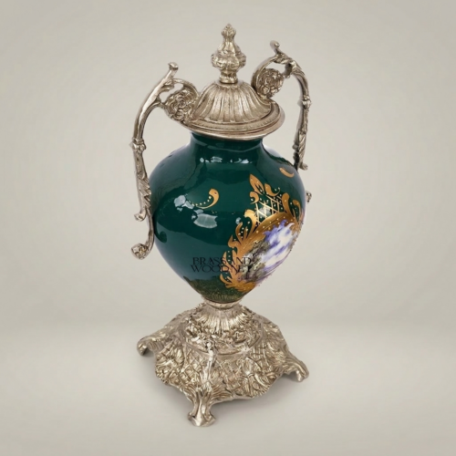Rococo Brass-Mounted Green Ceramic Lidded Urn Vase with Hand-Painted Landscape Medallion and Ornate Gilt Base Silver Front | Brass & Wood