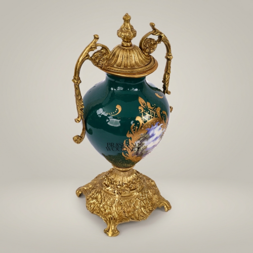 Rococo Brass-Mounted Green Ceramic Lidded Urn Vase with Hand-Painted Landscape Medallion and Ornate Gilt Base Antique Gold Front | Brass & Wood