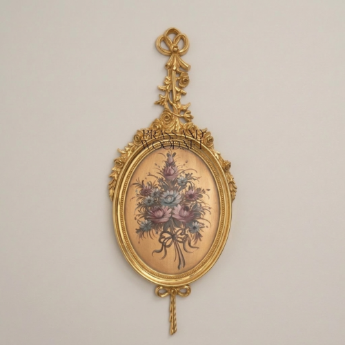 Rococo Brass Oval Wall Plaque Floral Art Print Ribbon Crest Ornate Frame Brass and Wood Gold Front | Brass & Wood