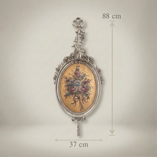 Rococo Brass Oval Wall Plaque Floral Art Print Ribbon Crest Ornate Frame Brass and Wood Silver Front | Brass & Wood