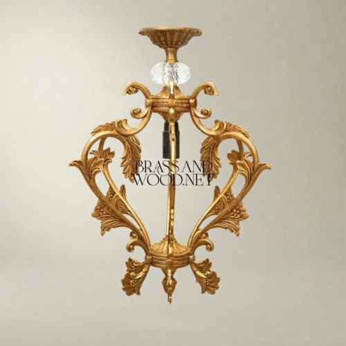 Rococo Hand-Cast Brass Pendant Light Acanthus Crown Frame Crystal Accent Brass and Wood Gold Front | Brass & Wood