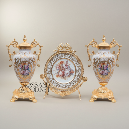 Rococo Brass & Porcelain 3-Piece Vase Set with Oval Plate on Stand — Hand-Painted Floral Bouquet