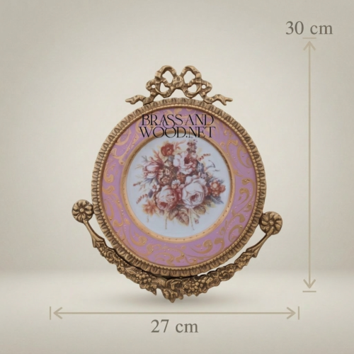 طبق جداري دائري بإطار نحاسي على طراز الروكوكو - تاج الشريطة وباقة الورود - Antique Gold