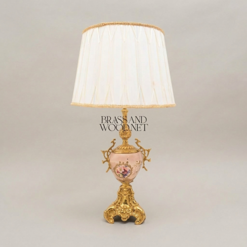 Rococo Brass Porcelain Table Lamp Hand-Painted Floral Urn Base Off-White Pleated Shade Brass and Wood Gold Front | Brass & Wood