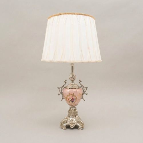 Rococo Brass Porcelain Table Lamp Hand-Painted Floral Urn Base Off-White Pleated Shade Brass and Wood Silver Front | Brass & Wood