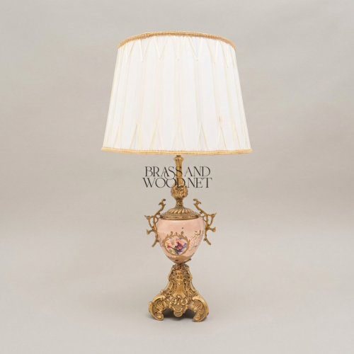 Rococo Brass Porcelain Table Lamp Hand-Painted Floral Urn Base Off-White Pleated Shade Brass and Wood Antique Gold Front | Brass & Wood