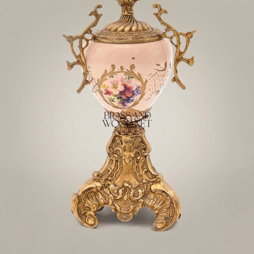 Rococo Brass Porcelain Table Lamp Hand-Painted Floral Urn Base Off-White Pleated Shade Brass and Wood Antique Gold Front | Brass & Wood