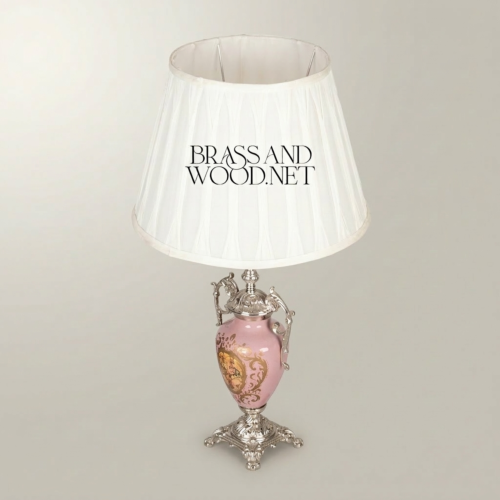 Rococo Brass Porcelain Urn Table Lamp Hand-Painted Floral Medallion White Pleated Shade Brass and Wood Silver Front | Brass & Wood