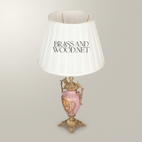 Rococo Brass Porcelain Urn Table Lamp Hand-Painted Floral Medallion White Pleated Shade Brass and Wood Antique Gold Front | Brass & Wood
