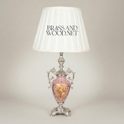 Rococo Brass Porcelain Urn Table Lamp Hand-Painted Floral Medallion White Pleated Shade Brass and Wood Silver Front | Brass & Wood