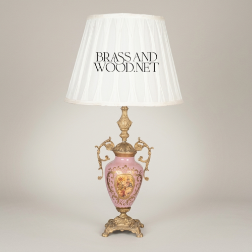 Rococo Brass Porcelain Urn Table Lamp Hand-Painted Floral Medallion White Pleated Shade Brass and Wood Antique Gold Front | Brass & Wood