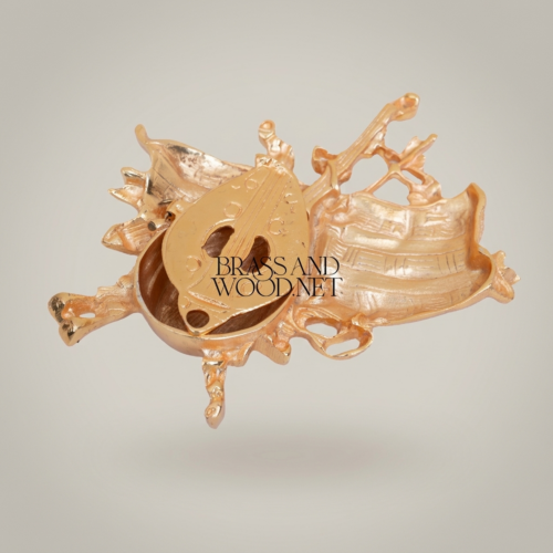 Rococo Brass Sculptural Ashtray with Musical Instruments and Boat Relief Motifs Gold Side | Brass & Wood