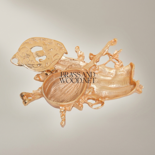 Rococo Brass Sculptural Ashtray with Musical Instruments and Boat Relief Motifs Gold Side | Brass & Wood