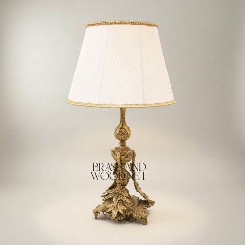 Rococo Handcrafted Brass Table Lamp Ornate Acanthus Leaf Sculptural Base White Fabric Shade Brass and Wood Antique Gold Front | Brass & Wood