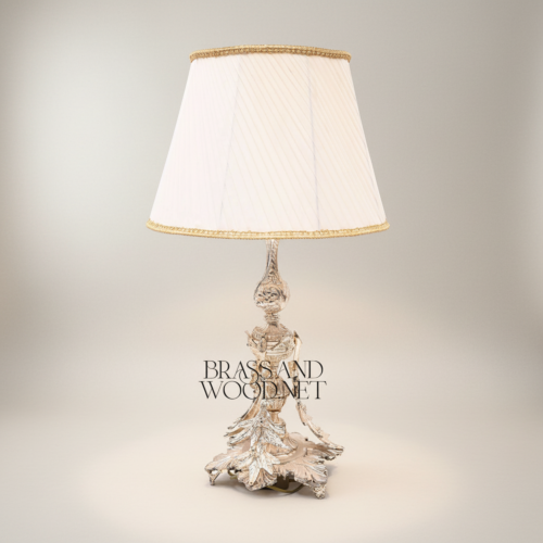 Rococo Handcrafted Brass Table Lamp Ornate Acanthus Leaf Sculptural Base White Fabric Shade Brass and Wood Silver Front | Brass & Wood