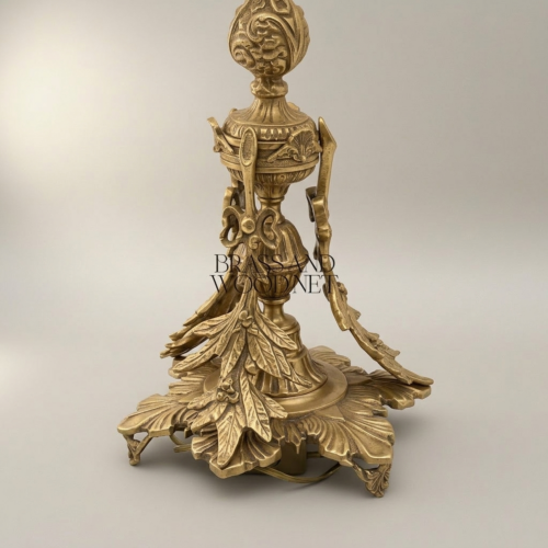 Rococo Handcrafted Brass Table Lamp Ornate Acanthus Leaf Sculptural Base White Fabric Shade Brass and Wood Antique Gold Front | Brass & Wood