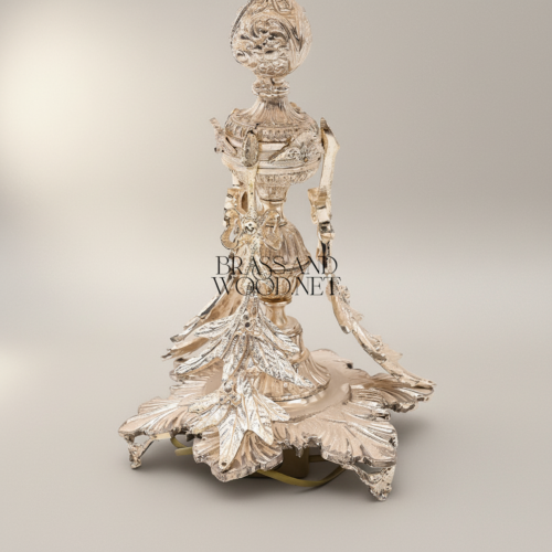 Rococo Handcrafted Brass Table Lamp Ornate Acanthus Leaf Sculptural Base White Fabric Shade Brass and Wood Silver Front | Brass & Wood