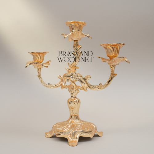 Rococo Three-Arm Brass Candelabra Floral Scroll Ornate Base Brass and Wood Gold Front | Brass & Wood