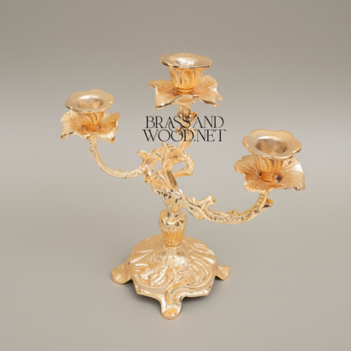 Rococo Three-Arm Brass Candelabra Floral Scroll Ornate Base Brass and Wood Gold Front | Brass & Wood