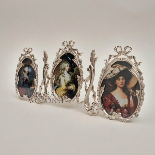 طقم إطارات صور ثلاثية بيضاوية من النحاس على طراز روكوكو - زخارف أوراق الأكانثوس والأربطة - Silver