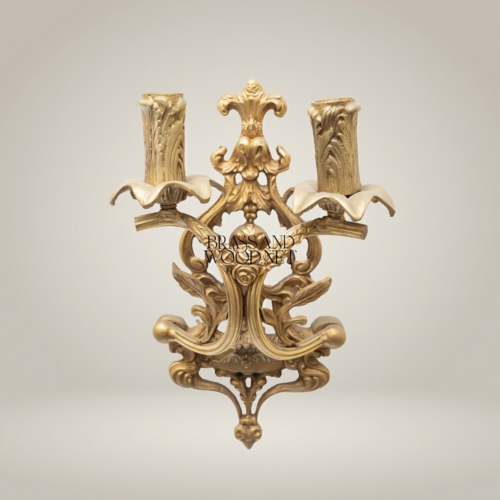 أبليك حائط نحاسي بذراعين على طراز الروكوكو بنقوش الأكانتوس والورود - Antique Gold