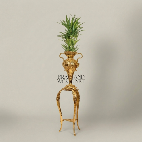 Rococo Heavily Ornate Brass Urn Vase on Cabriole Acanthus Stand Brass and Wood Gold Front | Brass & Wood