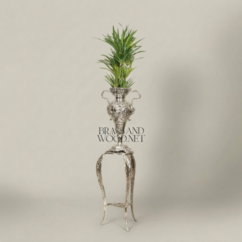 Rococo Heavily Ornate Brass Urn Vase on Cabriole Acanthus Stand Brass and Wood Silver Front | Brass & Wood