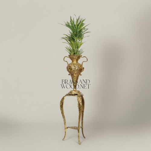 Rococo Heavily Ornate Brass Urn Vase on Cabriole Acanthus Stand Brass and Wood Antique Gold Front | Brass & Wood