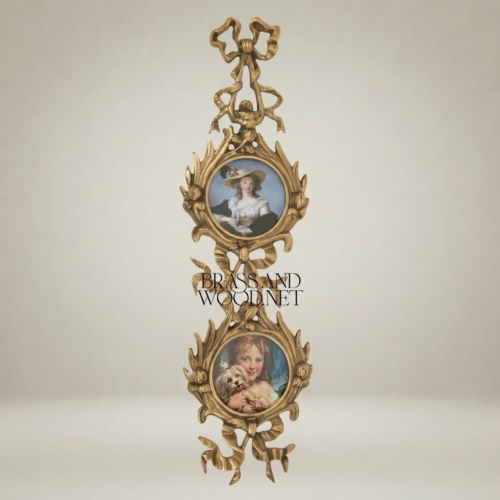 إطار جداري نحاسي روكوكو عمودي - بيضاويان متدليان بزخارف الأقواس والأكانثوس - Antique Gold