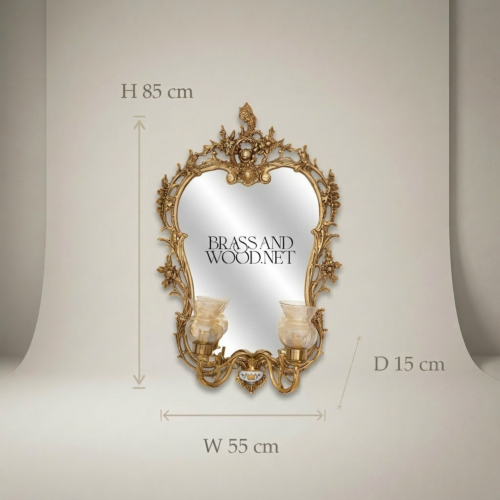 Rococo Brass Wall Mirror with Twin Candle Sconces Cherub Crest Ornate Floral Frame Brass and Wood Gold Front | Brass & Wood