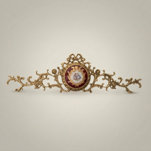 طارة جدارية نحاسية على طراز الروكوكو مع ميدالية خزفية — كرانيش لوالب أكانثوس - Antique Gold