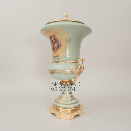Rococo Celadon Ceramic Lidded Urn Vase with Hand-Painted Floral Cartouche and Brass Mounts - Brass and Wood Gold Front | Brass & Wood