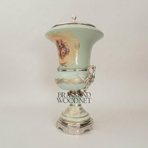 Rococo Celadon Ceramic Lidded Urn Vase with Hand-Painted Floral Cartouche and Brass Mounts - Brass and Wood Silver Front | Brass & Wood