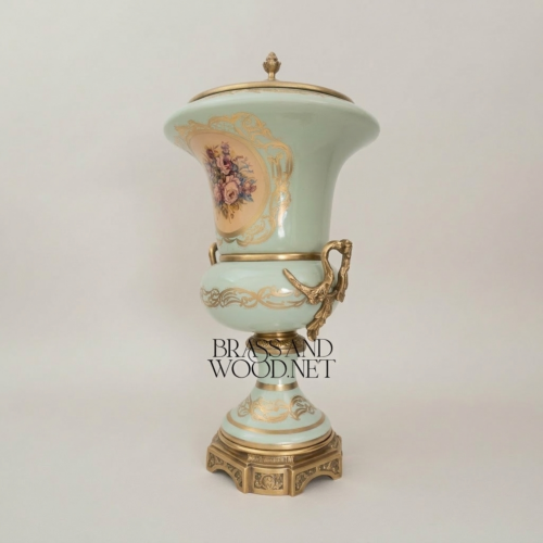Rococo Celadon Ceramic Lidded Urn Vase with Hand-Painted Floral Cartouche and Brass Mounts - Brass and Wood Antique Gold Front | Brass & Wood