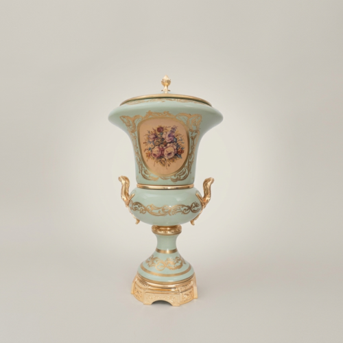 Rococo Celadon Ceramic Lidded Urn Vase with Hand-Painted Floral Cartouche and Brass Mounts - Brass and Wood Gold Front | Brass & Wood