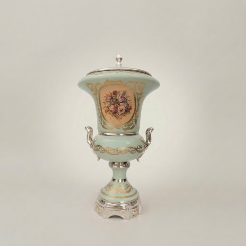 Rococo Celadon Ceramic Lidded Urn Vase with Hand-Painted Floral Cartouche and Brass Mounts - Brass and Wood Silver Front | Brass & Wood