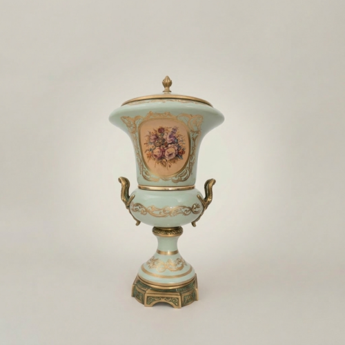 Rococo Celadon Ceramic Lidded Urn Vase with Hand-Painted Floral Cartouche and Brass Mounts - Brass and Wood Antique Gold Front | Brass & Wood