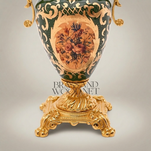 Rococo Ceramic Covered Urn Vase Hunter Green Ornate Brass Mounts Landscape Floral Cartouche Brass and Wood Gold Front | Brass & Wood