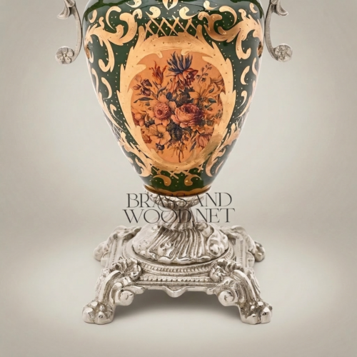 Rococo Ceramic Covered Urn Vase Hunter Green Ornate Brass Mounts Landscape Floral Cartouche Brass and Wood Silver Front | Brass & Wood