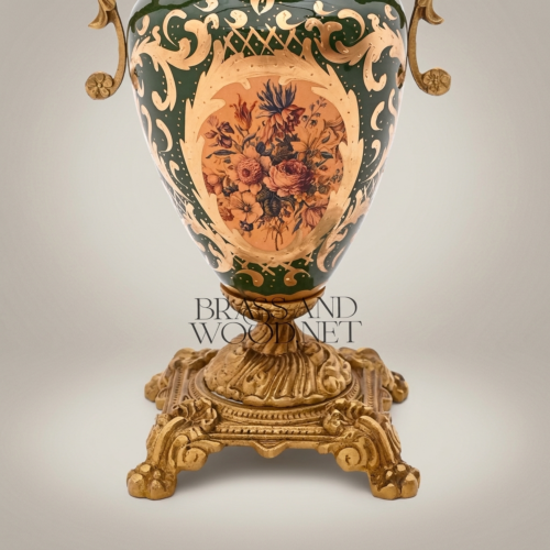 Rococo Ceramic Covered Urn Vase Hunter Green Ornate Brass Mounts Landscape Floral Cartouche Brass and Wood Antique Gold Front | Brass & Wood