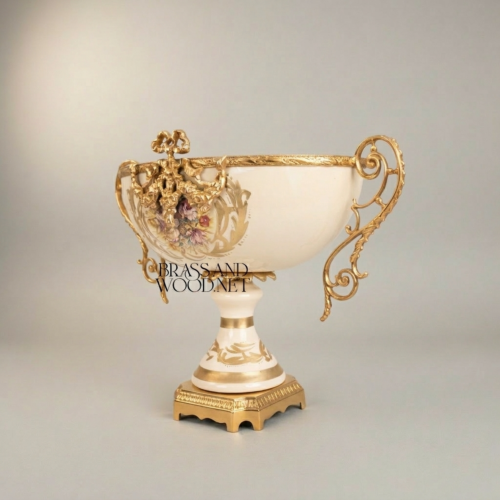 Rococo Hand-Painted Ceramic Brass Garniture Three-Piece Set Lidded Urns Centrepiece Bowl Floral Medallions Brass and Wood Gold Front | Brass & Wood