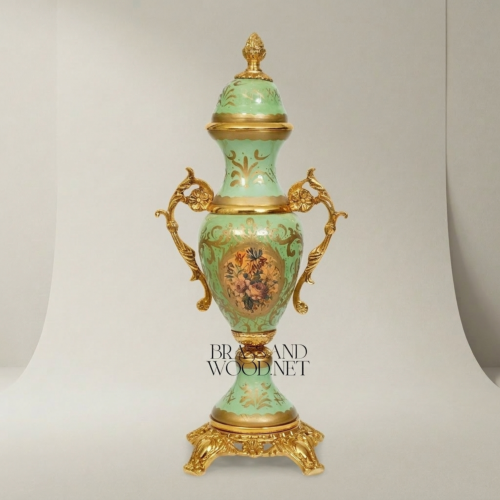 Rococo Celadon Green Ceramic Covered Urn Vase with Brass Acanthus Handles and Floral Medallion Gold Front | Brass & Wood