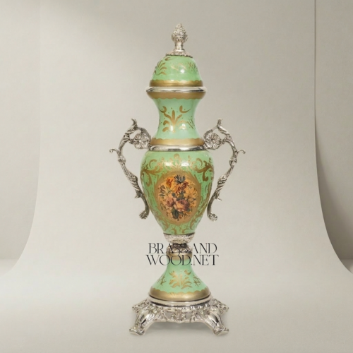 Rococo Celadon Green Ceramic Covered Urn Vase with Brass Acanthus Handles and Floral Medallion Silver Front | Brass & Wood