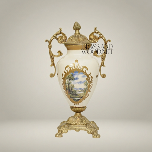 Rococo Ceramic Covered Urn Vase with Brass Mounts and Hand-Painted Landscape Medallion Gold Front | Brass & Wood