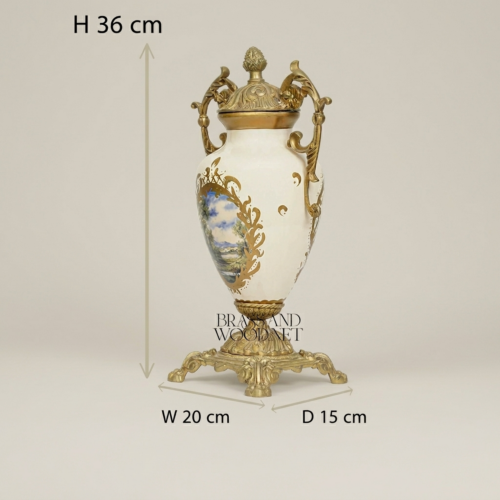 Rococo Ceramic Covered Urn Vase with Brass Mounts and Hand-Painted Landscape Medallion Gold Front | Brass & Wood